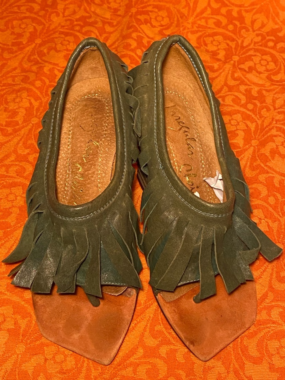 VTG Irregular Choice green leather sandals,thong toe,fringe trim,unique heels,7 - Picture 7 of 16